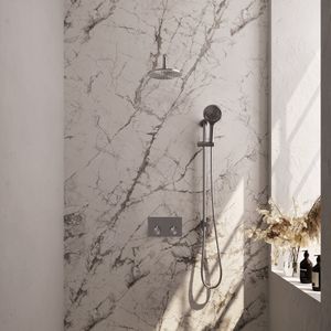 Thermostatische inbouw regendouche brauer carving edition met drukknoppen set 69 met 20 cm douchekop en gebogen muurarm en staaf 3-standen handdouche