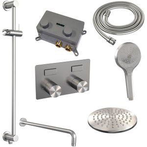 Brauer Brushed Carving thermostatische inbouw regendouche met drukknoppen SET 69 met 20 cm douchekop en gebogen muurarm en 3-standen handdouche en doucheslang en geïntegreerde glijstang RVS geborsteld PVD