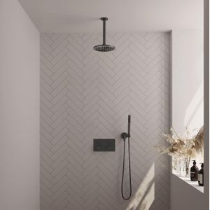 BRAUER Gunmetal Edition thermostatische inbouw regendouche met drukknoppen SET 53 met 20 cm douchekop en plafondarm en staaf handdouche en doucheslang en wandaansluitbocht gunmetal geborsteld PVD