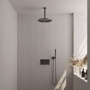 BRAUER gunmetal Edition Thermostatische Regendouche inbouw - drukknoppen - SET 54 - 30cm hoofddouche - plafondarm - staaf handdouche - doucheslang - wandaansluitbocht - gunmetal geborsteld PVD 5-GM-165