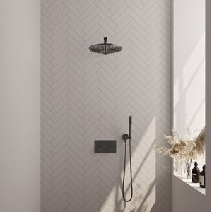 Brauer Gunmetal Carving Thermostatische Inbouw Regendouche Met Drukknoppen SET 50 Met 30 Cm Douchekop En Rechte Muurarm En Staaf Handdouche En