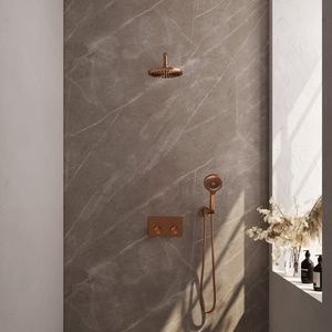 BRAUER Copper Carving thermostatische inbouw regendouche met drukknoppen SET 57 met 20 cm douchekop en gebogen muurarm en 3-standen handdouche en doucheslang en wandaansluitbocht koper geborsteld PVD