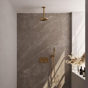 BRAUER Gold Edition thermostatische inbouw regendouche met drukknoppen SET 53 met 20 cm douchekop en plafondarm en staaf handdouche en doucheslang en wandaansluitbocht goud geborsteld PVD