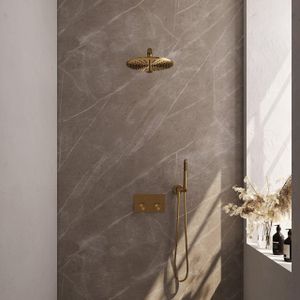 Brauer Gold Carving Thermostatische Inbouw Regendouche Met Drukknoppen SET 50 Met 30 Cm Douchekop En Rechte Muurarm En Staaf Handdouche En Doucheslang