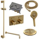 BRAUER Gold Carving Thermostatische Regendouche inbouw - drukknoppen - SET 69 - 20cm hoofddouche - gebogen muurarm - 3 standen handdouche - doucheslang - geïntegreerde glijstang - goud geborsteld PVD 5-GG-204