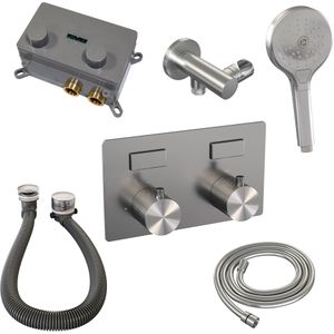 BRAUER Brushed Carving thermostatische inbouw badkraan - drukknoppen SET 04 - badvulcombinatie - 3 standen handdouche - doucheslang - wandaansluitbocht - RVS geborsteld PVD 5-NG-213