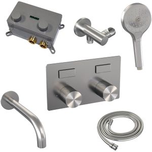 BRAUER Brushed Carving thermostatische inbouw badkraan - drukknoppen SET 04 - uitloop - 3 standen handdouche - doucheslang - wandaansluitbocht - RVS geborsteld PVD 5-NG-215