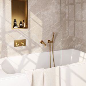 BRAUER Gold Edition thermostatische inbouw badkraan - drukknoppen SET 03 - uitloop - staaf handdouche - doucheslang - wandaansluitbocht - goud geborsteld PVD 5-GG-210