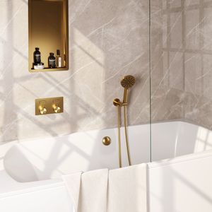 Gold Carving thermostatische inbouw badkraan met drukknoppen SET 04+badvulcombinatie+wandmontage in goud geborsteld