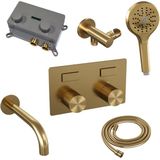 BRAUER Gold Carving thermostatische inbouw badkraan - drukknoppen SET 04 - uitloop - 3 standen handdouche - doucheslang - wandaansluitbocht - goud geborsteld PVD 5-GG-215