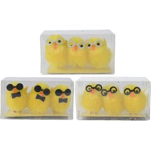 Decoris Kuiken chenille met bril 3-delig 3x3x4cm 3 assorti geel Polyester Decoris Decoratief beeld of figuur