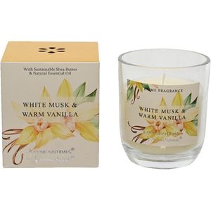 Decoris Geurkaars in glas Witte Musk en Warme Vanille 20% Shea butter wax dia7,8x9cm 20 branduren wit Wax Decoris Kaars