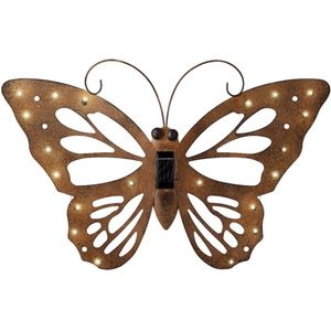 Tuindecoratie vlinder met solar verlichting - 53 x 35 cm - roestbruin - Tuinbeelden