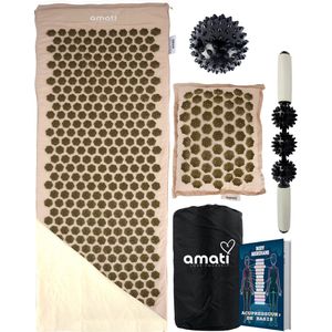Amati Spijkermat XL - 130 x 50 cm - met kussen - Massagebal - Acupressuur Mat - Shakti Mat - Grijs