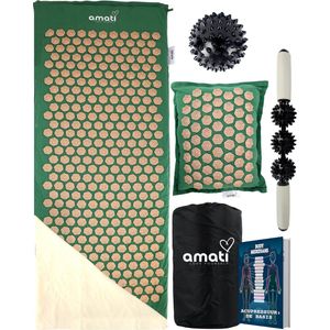 Amati Spijkermat XL - 130 x 50 cm - met kussen - Massagebal - Acupressuur Mat - Shakti Mat - Groen