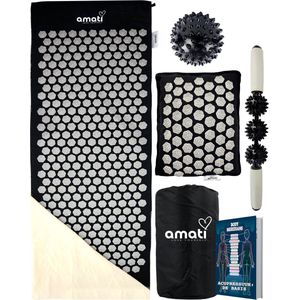Amati Spijkermat XL - 130 x 50 cm - met kussen - Massagebal - Acupressuur Mat - Shakti Mat - Zwart