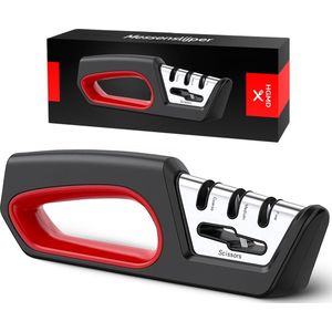 HGMD Messenslijper 4 in 1 - 3 Standen - Doortrekslijper - Aanzetstaal - Schaarslijper - Keukenmessenslijper