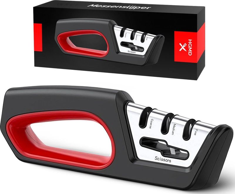 HGMD Messenslijper 4 in 1 - 3 Standen - Doortrekslijper - Aanzetstaal - Schaarslijper - Keukenmessenslijper