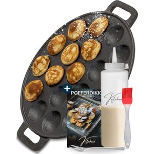 Kitchenz® Poffertjespan - Poffertjesmaker - Dutch Pancake Maker - Gietijzeren Pan incl. Poffertjes Spuitfles, Poffertjesvork & Kwast - Doseerfles 500ml