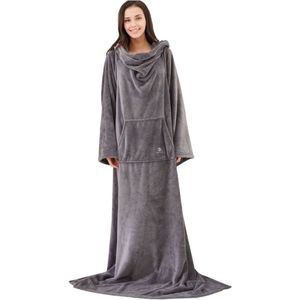 Recalma Fleece deken met Mouwen – 150x200 cm – Fleece Plaids met Mouwen – Hoodie Deken Buidelzak – Licht Grijs - Badjas