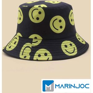 Marinjoc - Bucket Hat - Vissershoedje - Bucket Hatl - Zwart - Smiley - Strand Hoed - Festival Hoedje - Zonnehoedje - Emmerhoed