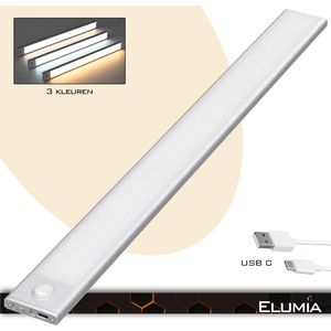 Elumia® LED lamp 40cm met bewegingssensor - 3 kleuren(warm wit, wit en koud wit) - USB C - Led Verlichting met 74 LED's - Aluminium - Magnetisch - USB-oplaadbare Accu - Eenvoudige Bevestiging