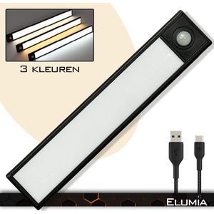 Elumia® LED lamp 20cm met bewegingssensor - 3 kleuren(warm wit, wit en koud wit) - USB C - Led Verlichting met 34 LED's - Aluminium - Magnetisch - USB-oplaadbare Accu - Eenvoudige Bevestiging