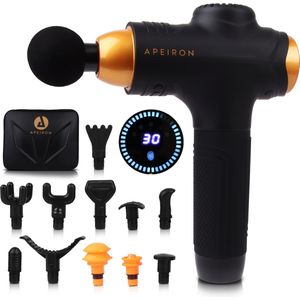 Apeiron Massage Gun – Massage Apparaat – Massage Pistool – Theragun - Massagegun Professioneel – 30 Snelheidsstanden – 12 Opzetstukken – Touchscreen - 3300 mAh - Zwart & Goud - Gratis E-book