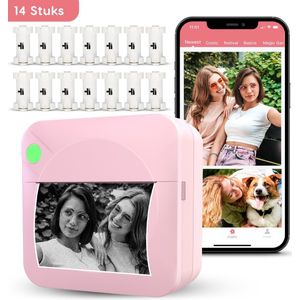 LUVIQ Mini Printer - Incl. 14 Rollen Printpapier & App - Mini Fotoprinter Voor Smartphone - Pocket printer - Mobiele fotoprinter - Zwart Wit Foto's - Sticker printer - Verzendlabel Printer - Draadloos - Roze