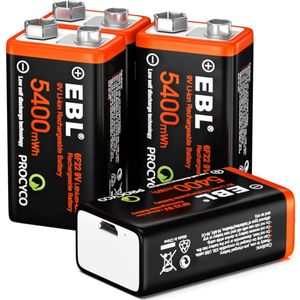 EBL 4-Pack Oplaadbare Batterijen 9 Volt - Rechargeable 5400 mWH 9 Volt Batterij met 2in1 Oplaadkabel - Lithium Micro USB Batterijen
