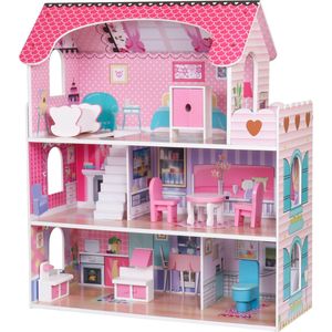 Houten Poppenhuis - Roze - Inclusief Meubels - 79-delig - 70cm