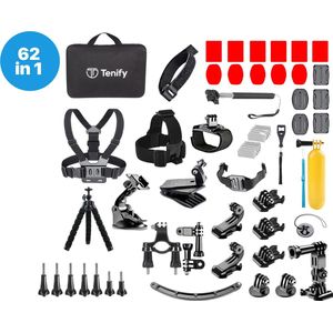 Tenify GoPro Accessoires Set 62 in 1 – Action Camera Set – Met Mount, Stick & Case – Voor GoPro Hero 11, 10, 9, 8, 7, 6, 5, 4 – Met Luxe Opbergkoffer