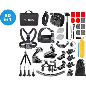 Tenify GoPro Accessoires Set 50 in 1 – Action Camera Set – Met Mount, Stick & Case – Voor GoPro Hero 11, 10, 9, 8, 7, 6, 5, 4 – Met Luxe Opbergkoffer