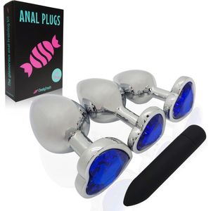 CheekyTreats Metalen Buttplugs voor mannen en vrouwen - Buttplug Set 3-Delig met Vibrator - Anal & Butt Plug - Blauw