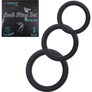 CheekyTreats Siliconen Cockring Man – Cock Ring - Penis Ring – 3 Stuks - Zwart / Plat