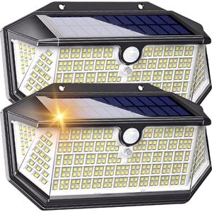 HappyLeds Wandlamp Buiten op Zonne Energie - Buitenlamp met Bewegingssensor - Solar Tuinverlichting - Oplaadbaar - 2 Stuks - 266 LED’s