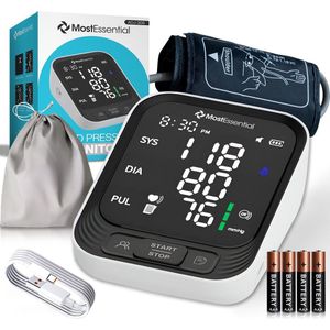 MostEssential Premium Bloeddrukmeter Bovenarm - Hartslagmeter - 398 Metingen Geheugen - Inclusief USB-C Kabel - 30S