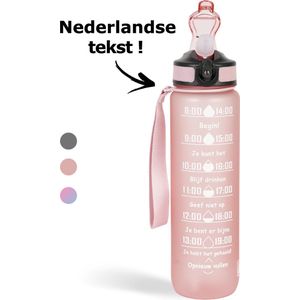 Lacardia Nederlandse Motivatie Waterfles rosé goud 'Nederlandse Tekst' - Drinkfles met rietje - Waterfles 1 liter - Waterfles met tijdmarkering