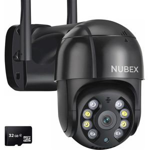 Nubex® Beveiligingscamera Binnen en Buiten met Nachtzicht - IP Beveiligingscamera - Full HD met WiFi en App - 4x Digitale Zoom - Met 32 GB SD Kaart en Verlengkabel - Zwart