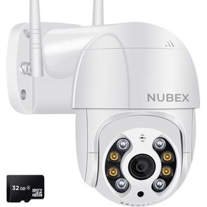 Nubex® Beveiligingscamera Binnen en Buiten met Nachtzicht - IP Beveiligingscamera - Full HD met WiFi en App - 4x Digitale Zoom - Met 32 GB SD Kaart en Verlengkabel - Wit
