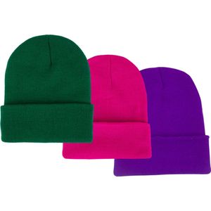 ASTRADAVI Beanie Hats - Muts - Warme Unisex Skimutsen Hoofddeksels - 3 Stuks Winter Mutsen - Groen, Roze Fuchsia, Paars