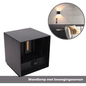 Wandlamp Met Bewegingssensor - Wandlamp Voor Binnen en Buiten - Oplaadbaar USB-C - Zwarte up-down kubus wandlamp - Wandlamp op batterijen