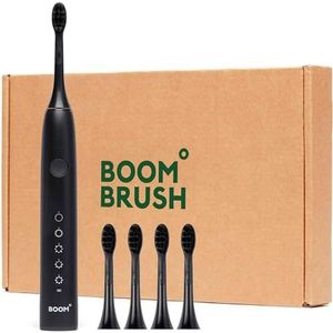 BOOMBRUSH Elektrische Tandenborstel Sonische Tandenborstel met 90 dagen Batterij incl. 5 Borstelkopjes - Zwart
