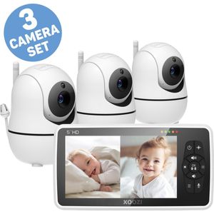 XOOZI SD3 - Babyfoon met Camera - Baby Camera - Baby Monitor - Babyphone - 5 Inch - Split Screen - Vox Modus - 8 Slaapliedjes - Handige Zwanenhals - Complete Set Voor 3 Kinderen - Zonder Wifi en App