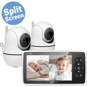 XOOZI SD2 - Babyfoon met Camera - Baby Camera - Baby Monitor - Babyphone - 5 Inch - Split Screen - Vox Modus - 8 Slaapliedjes - Handige Zwanenhals - Complete Set Voor 2 Kinderen - Zonder Wifi en App
