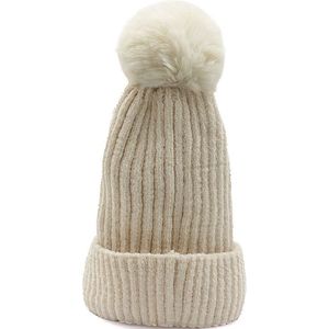Winter Muts Gewatteerd met Pompon - Ecru - One size - 100% Acryl Wol - Lekker zachte en warme Wintermuts