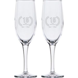 Gegraveerde set champagneglazen 16,5cl Opa + Oma 15 jaar getrouwd
