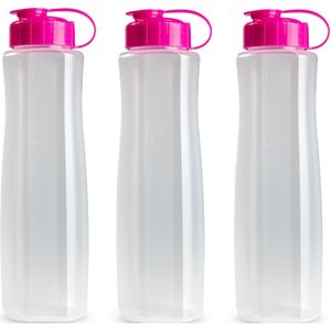 3x stuks kunststof waterflessen 1500 ml transparant met dop roze - Drinkflessensen/sport/fitness flessen