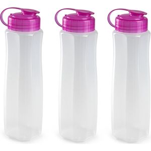 3x stuks kunststof waterflessen 1000 ml transparant met dop roze - Drink/sport/fitness flessen