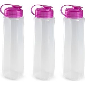 3x stuks kunststof waterflessen 1000 ml transparant met dop roze